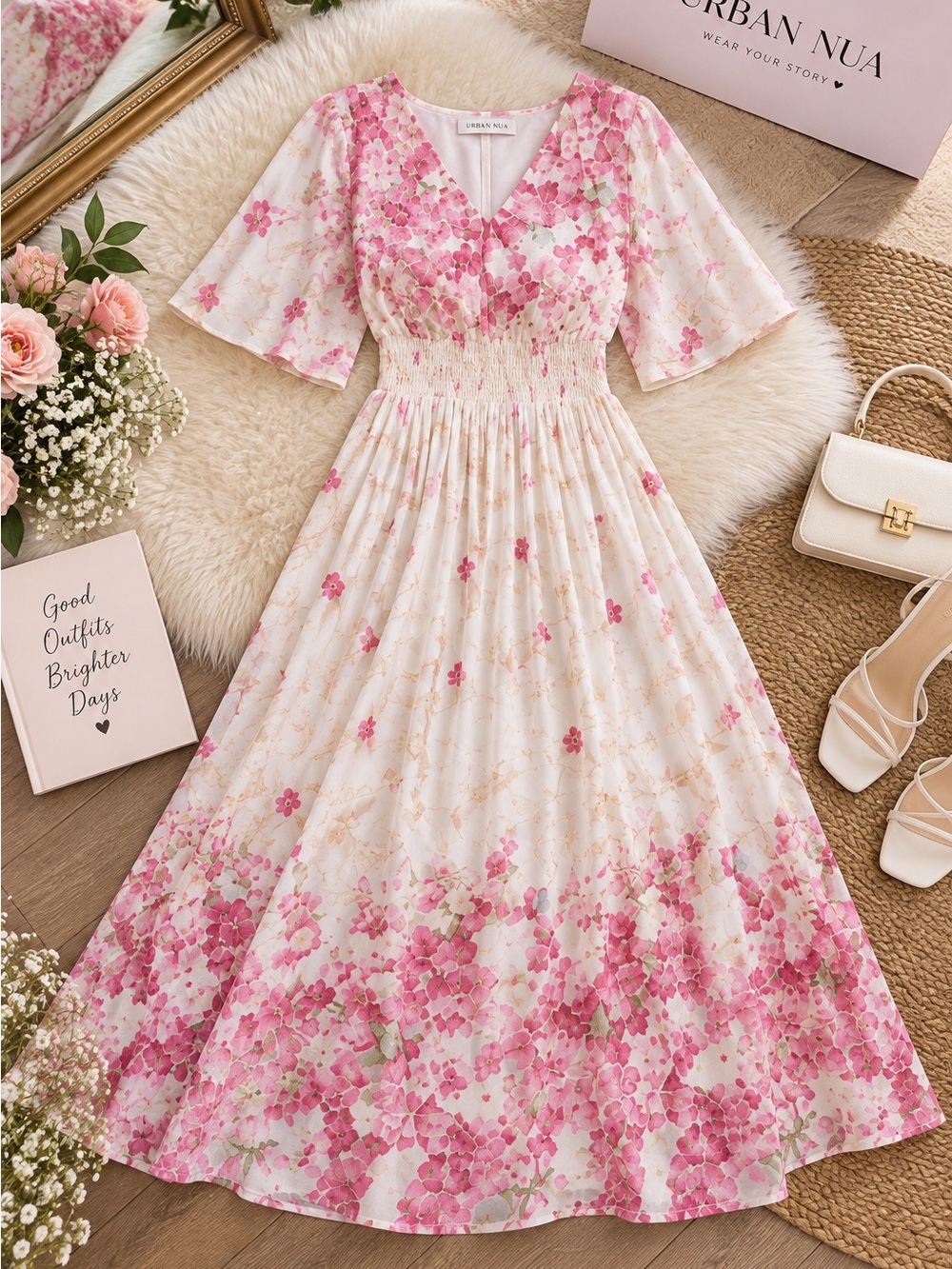Urban Outfitters Pink Floral V-Neck Smocked Maxi Dress